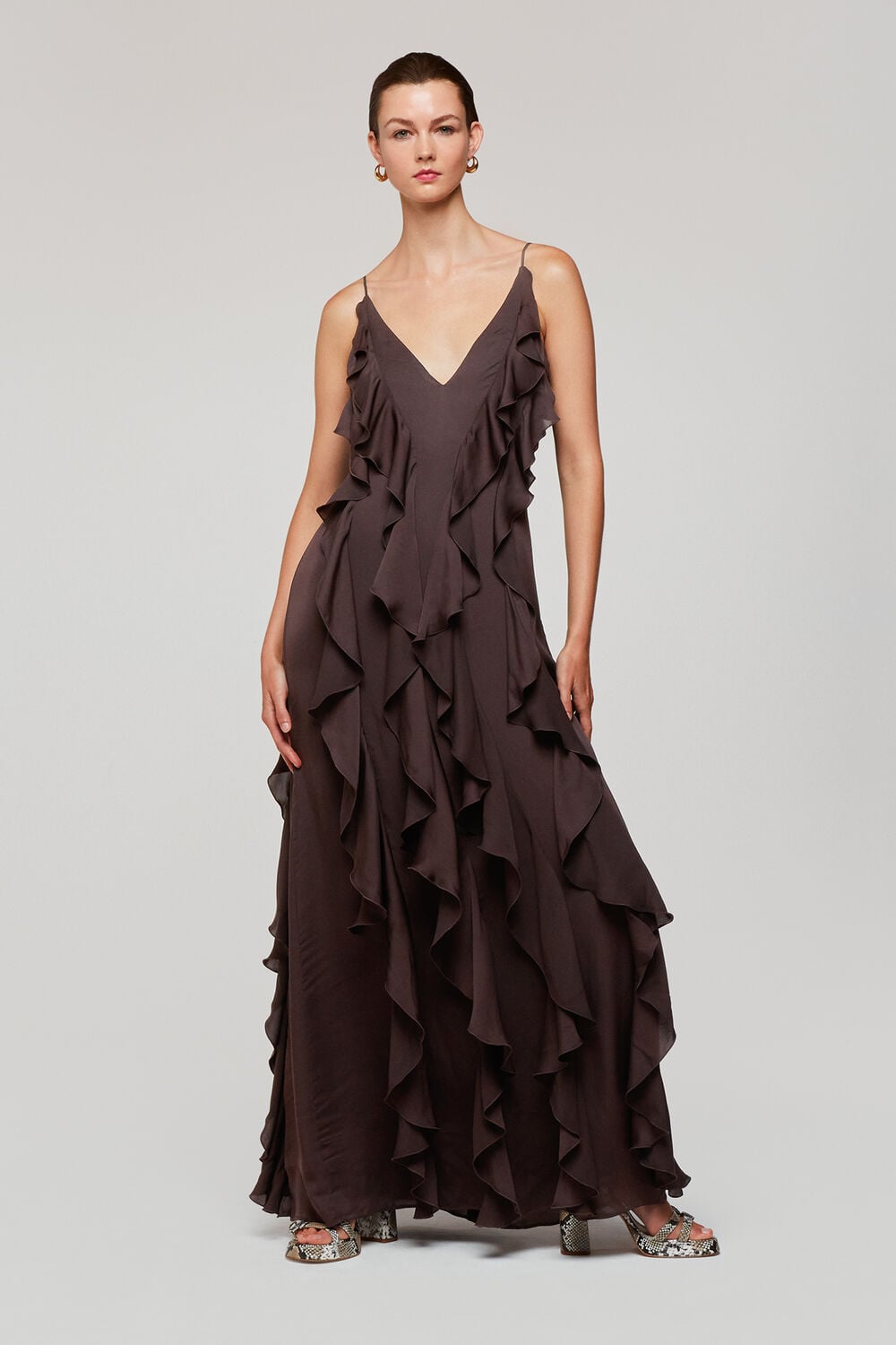 Chocolate Ruffle Maxi Dress