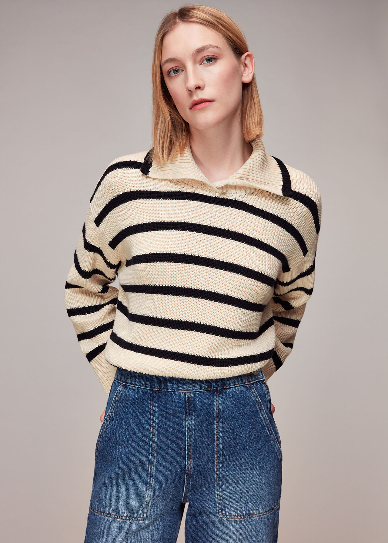Navy/Multi Rib Stripe Collar Sweater | WHISTLES