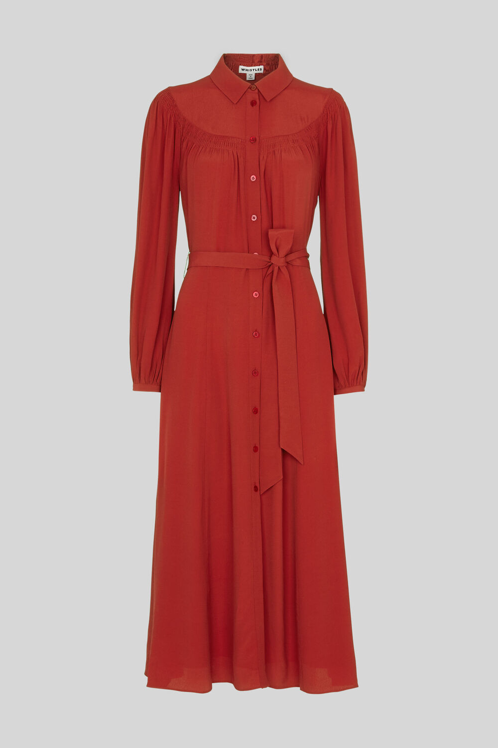 Smocked Yoke Shirt Dress Red
