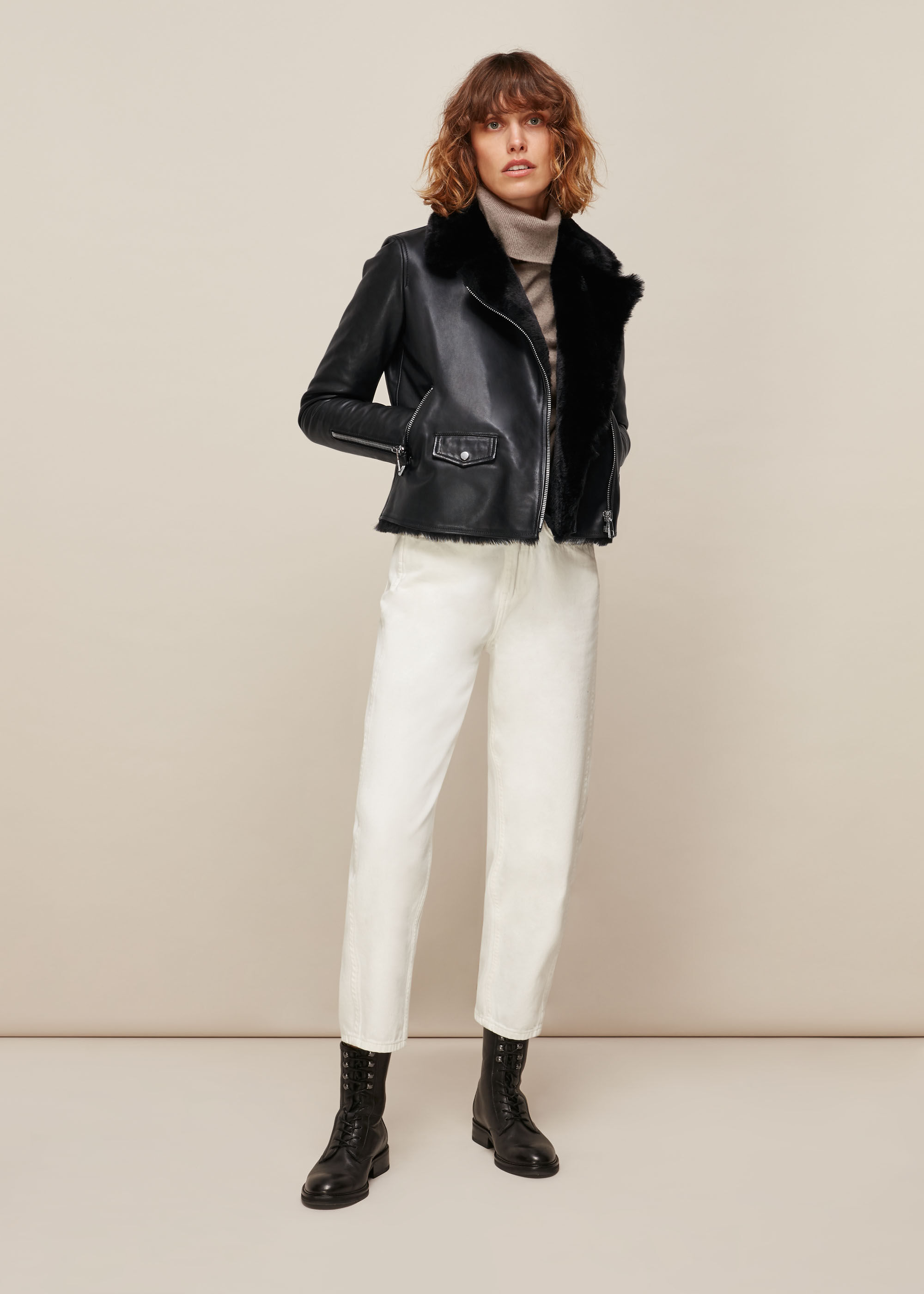 Black Faux Fur Lined Agnes Biker WHISTLES