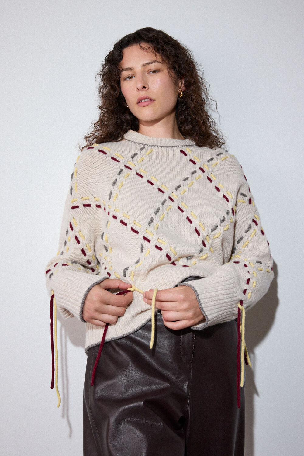 Ivory Fringed Argyle Check Knit