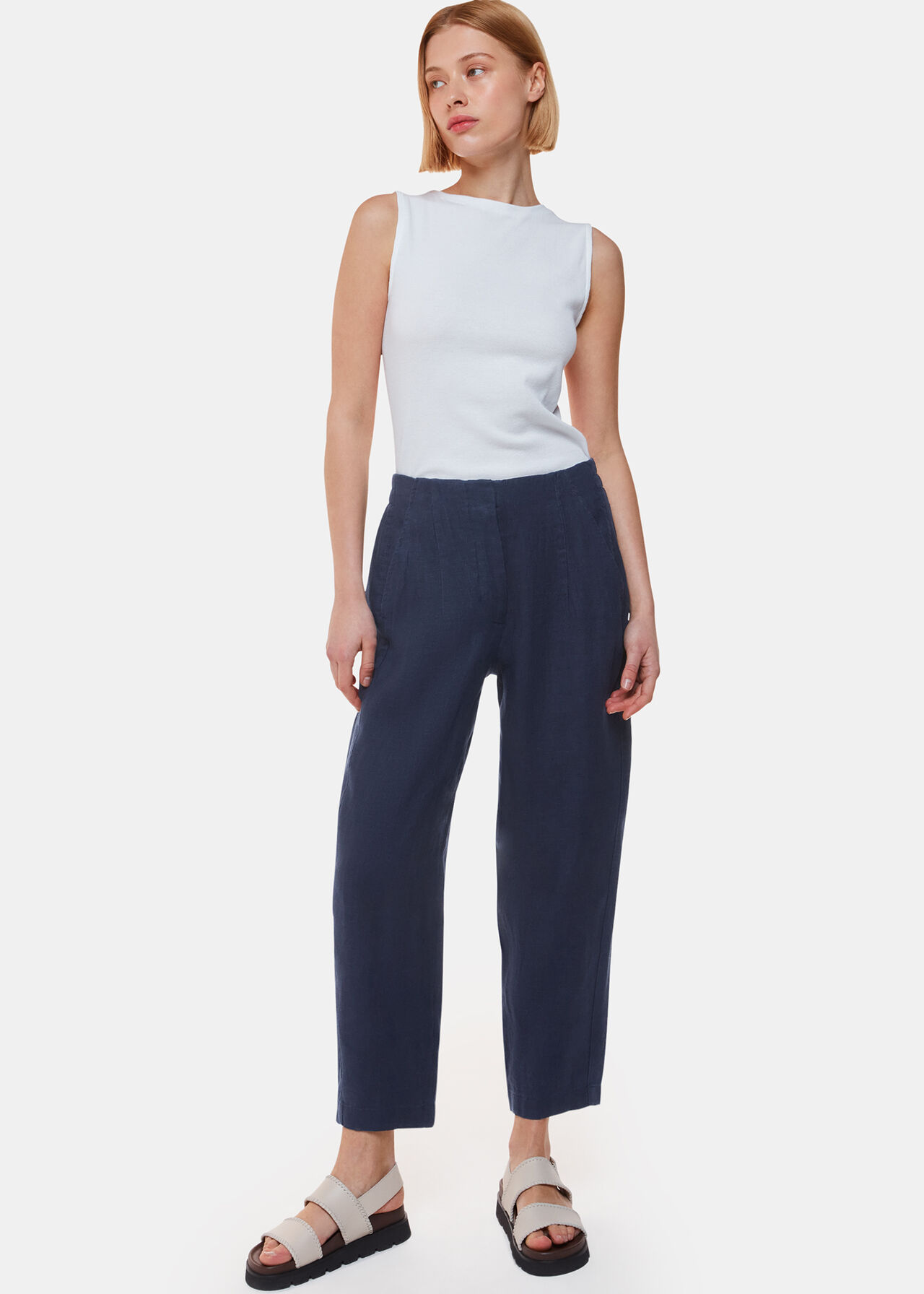 Whistles Linen Barrel leg Trousers Navy Whistles Linen Barrel leg Trousers Navy