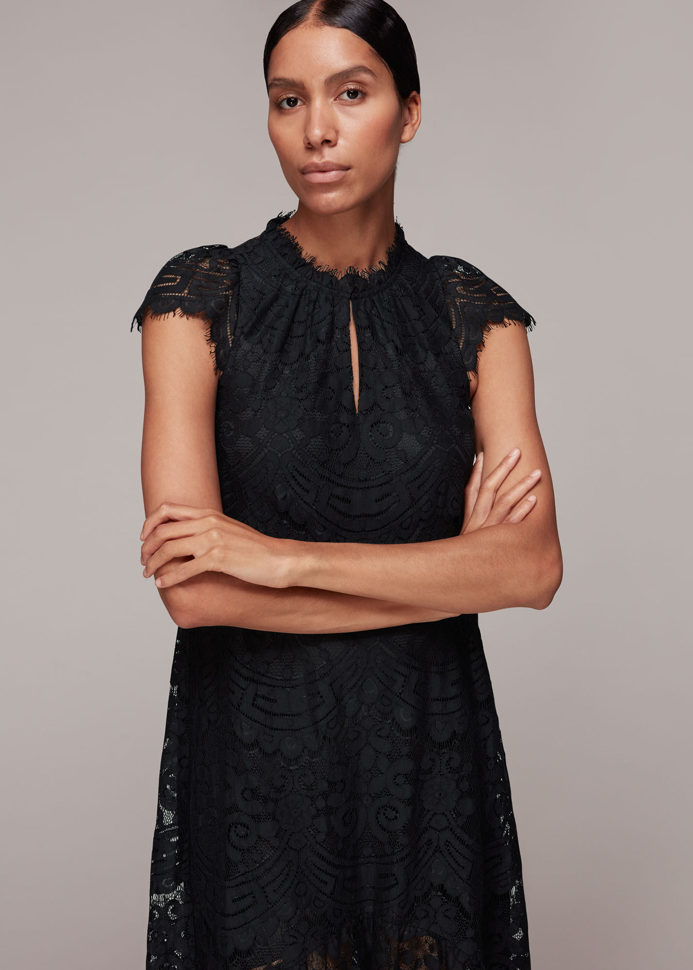 Black Lace Detail Trapeze Dress | WHISTLES | Whistles ROW