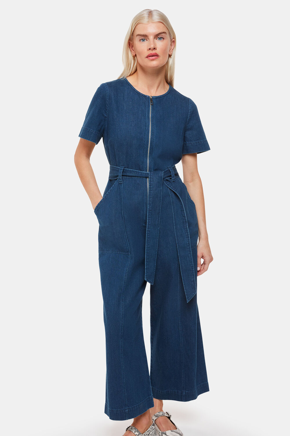 Petite Short Sleeve Denim Jumpsuit