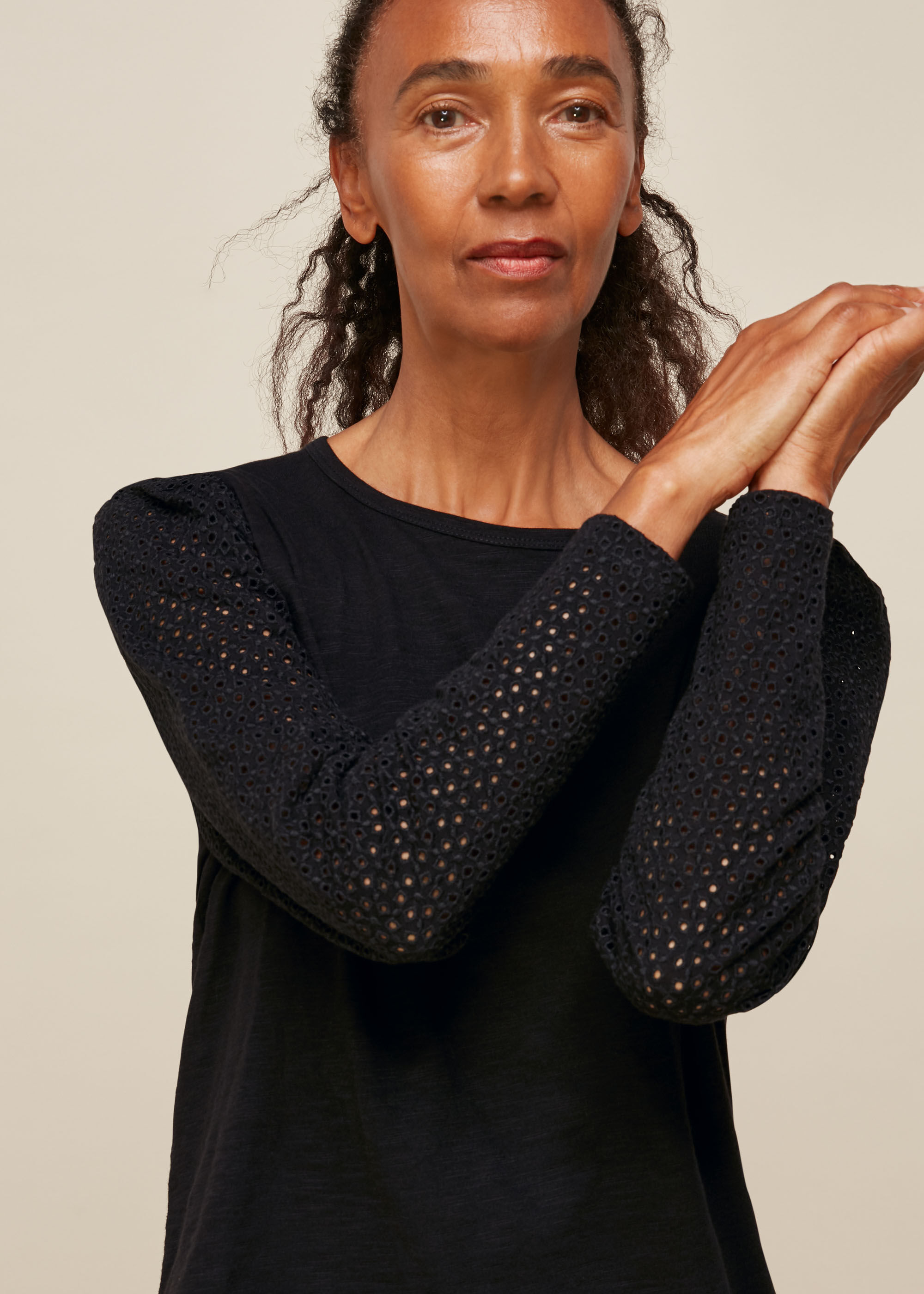 Black Long Sleeve Broderie Top