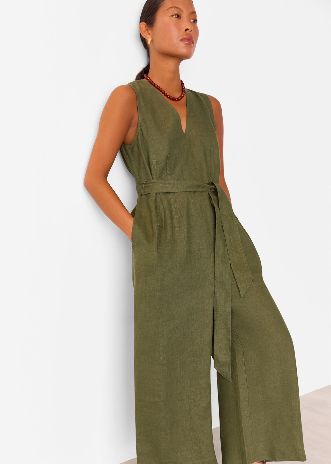 Petite Belted Seamed Linen Jumpsuit