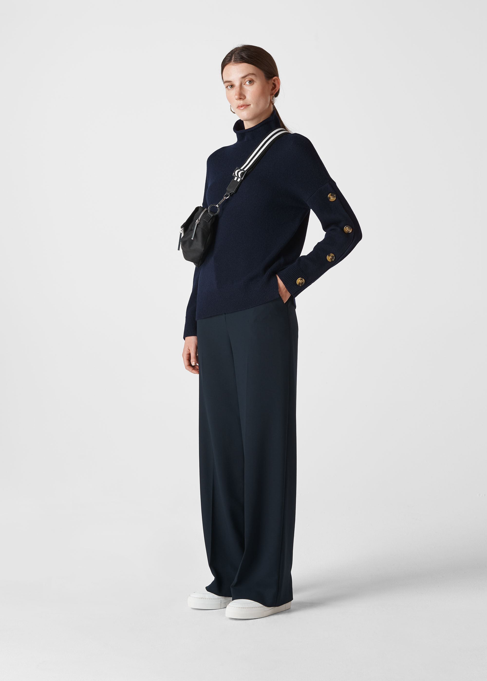 Button Sleeve Funnel Neck Knit