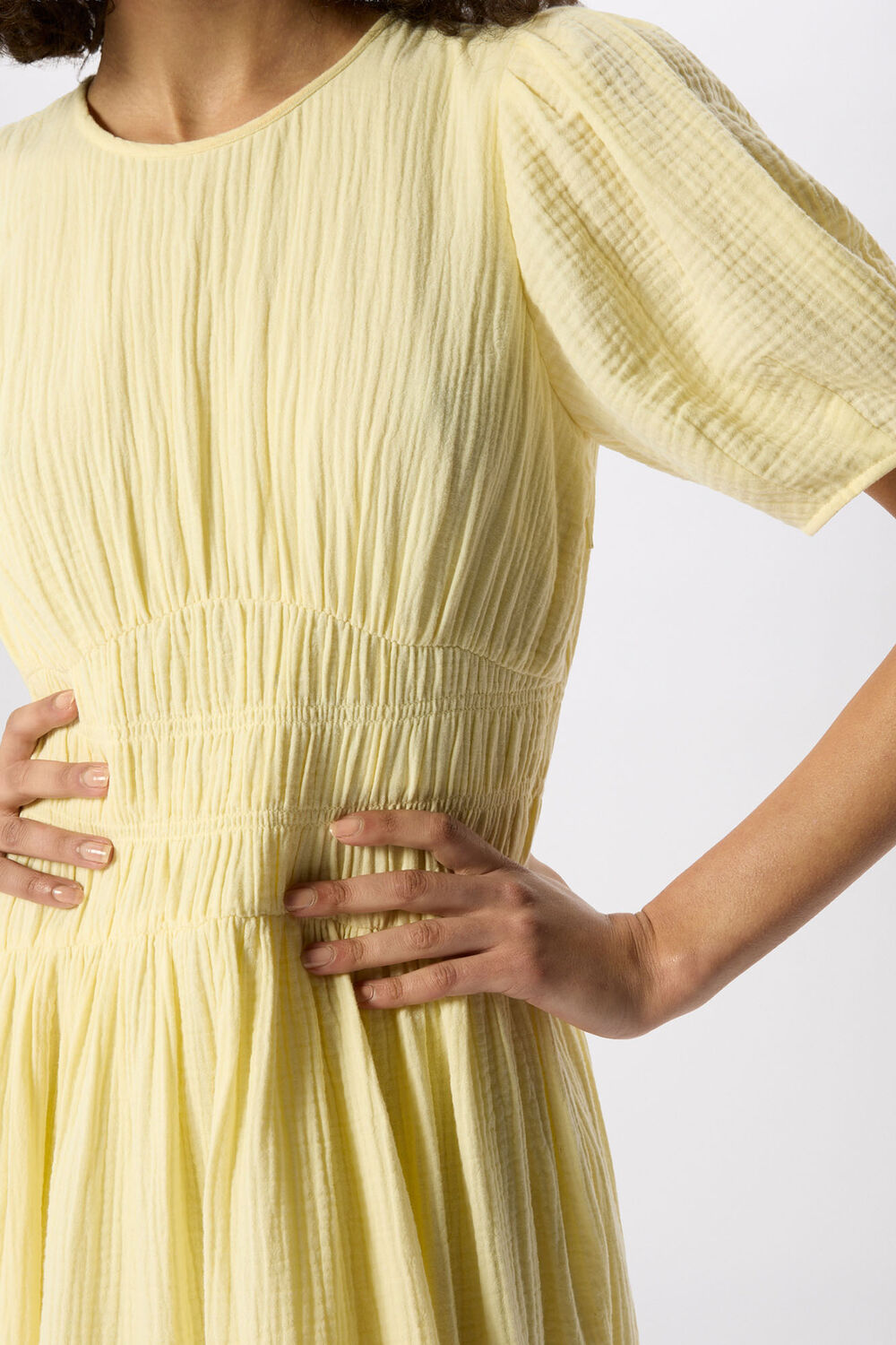 Yellow Petite Shirred Cheesecloth Midi Dress