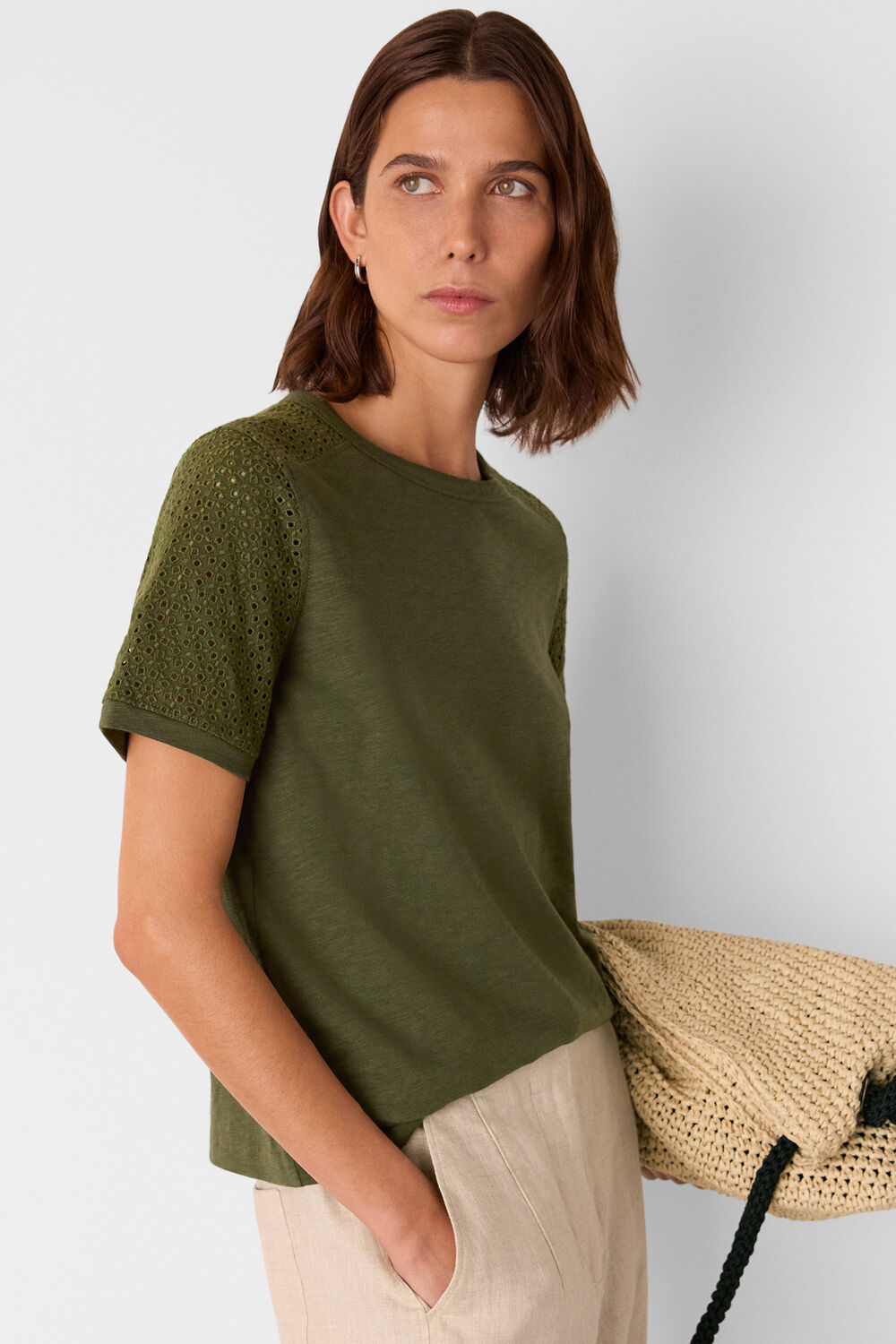 Khaki Broderie Sleeve Detail Tee