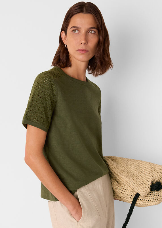 Khaki Broderie Sleeve Detail Tee