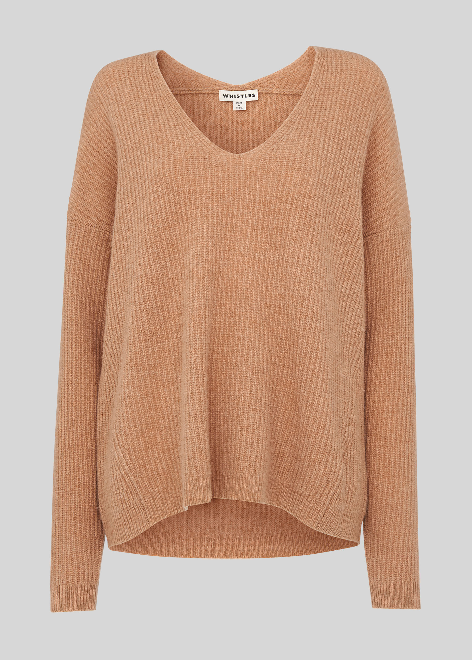 Camel V Neck Rib Wool Sweater WHISTLES Whistles UK