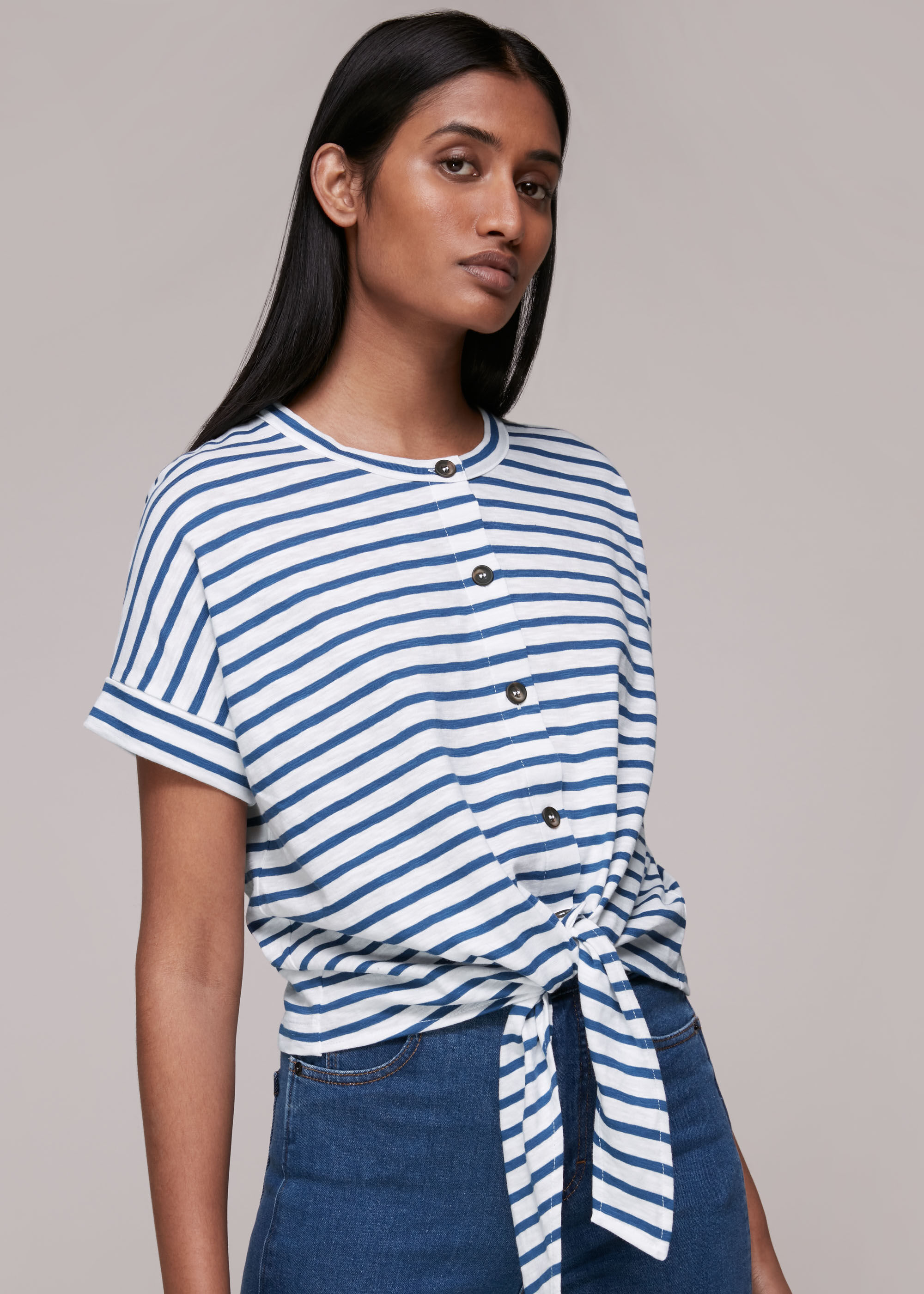 Blue/Multi Stripe Tie Front Tshirt | WHISTLES | Whistles UK |