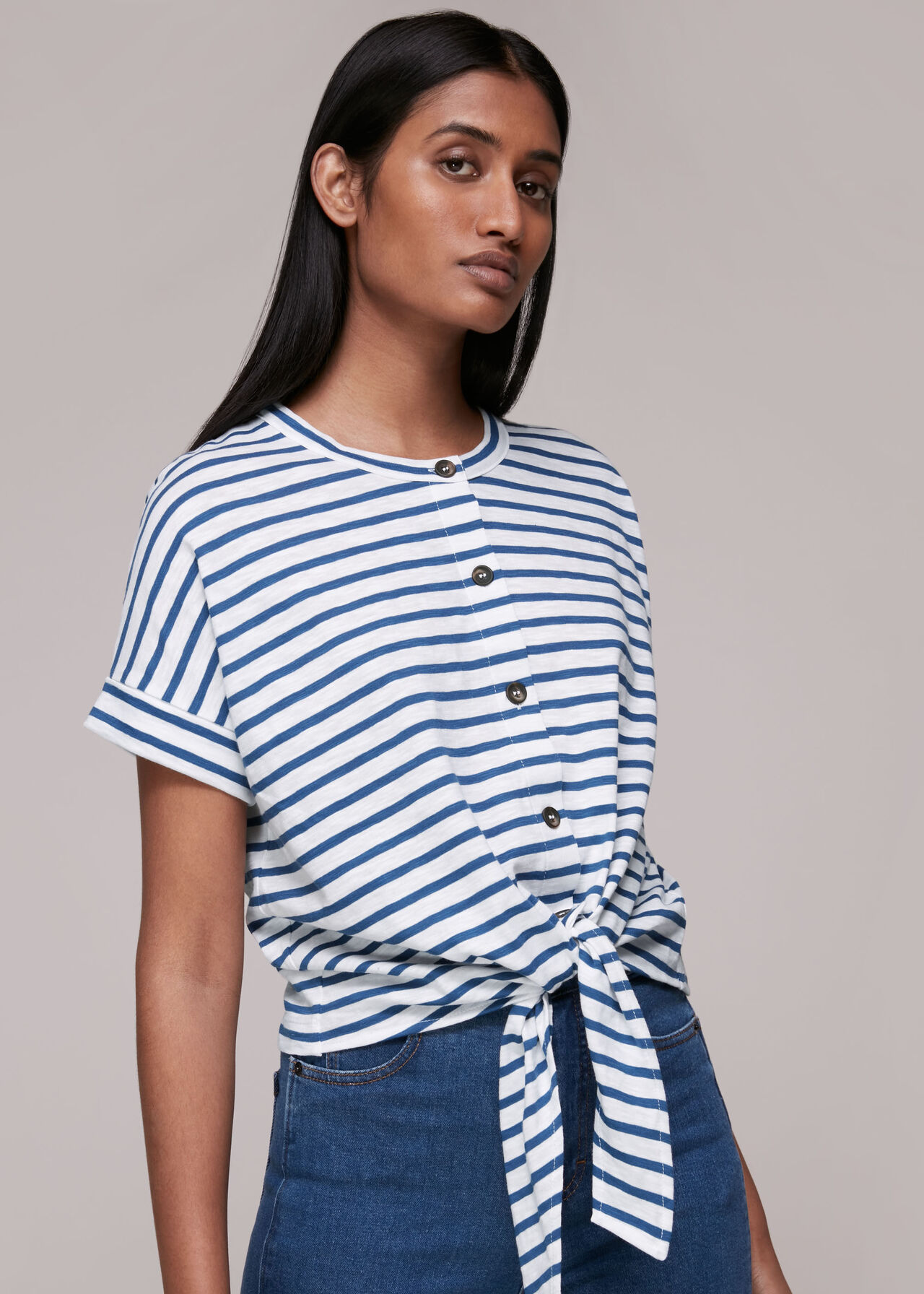 Blue/Multi Stripe Tie Front Tshirt | WHISTLES | Whistles