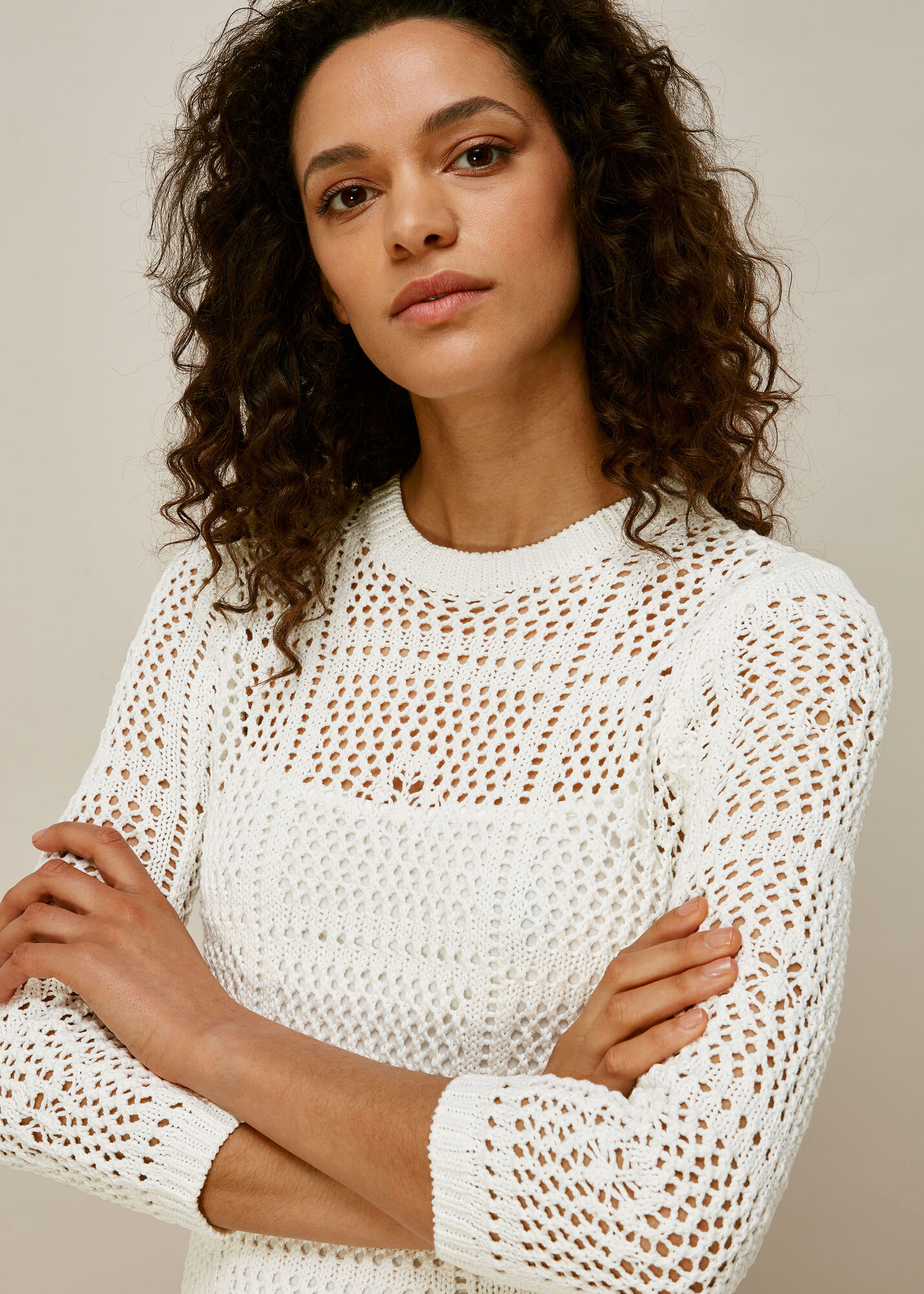 White Crochet Knit Midi Dress WHISTLES