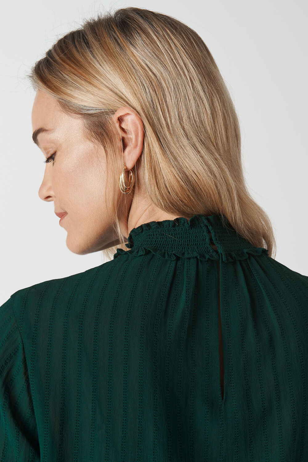 High Neck Stripe Blouse Dark Green