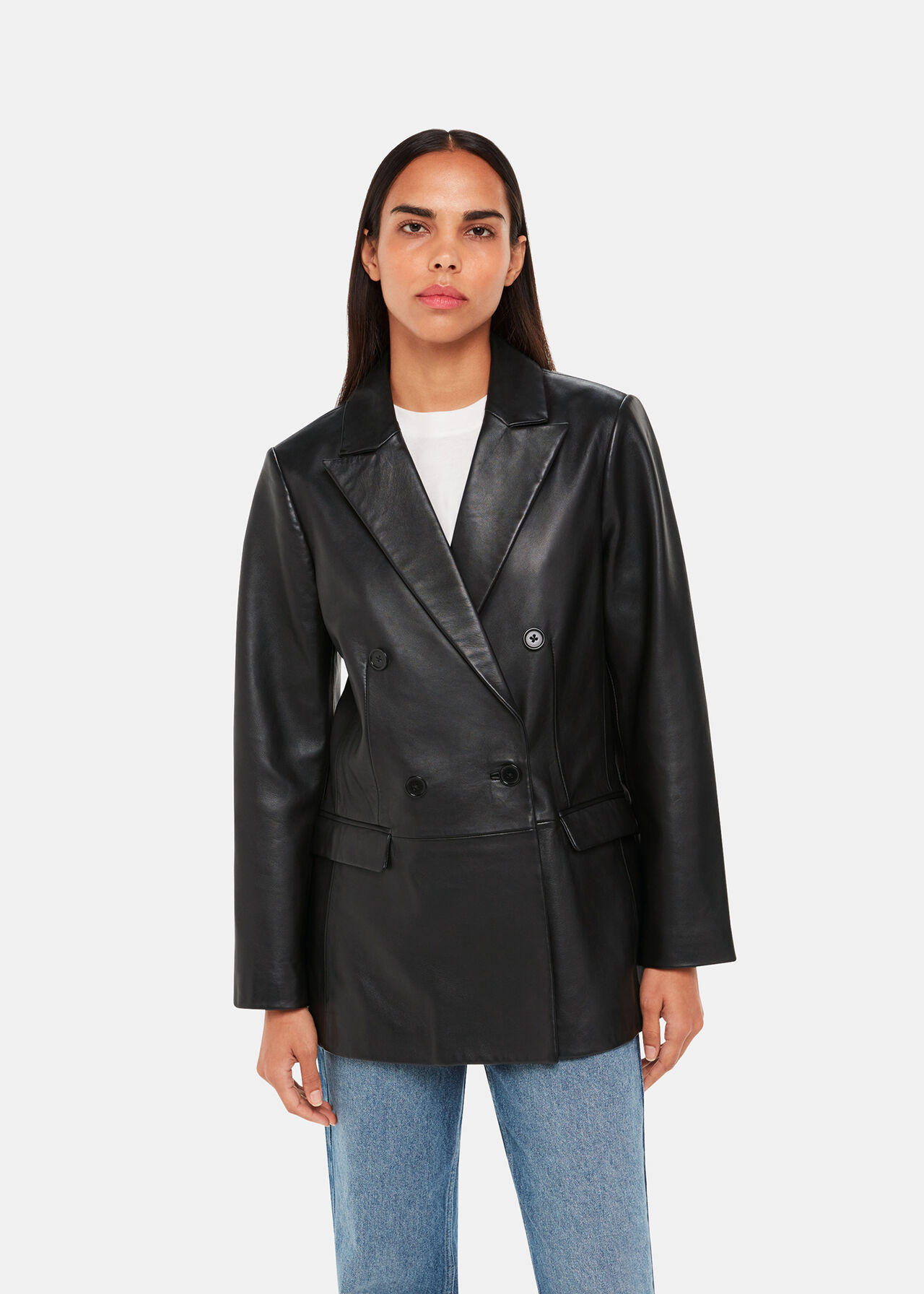 Black Aliza Waisted Leather Blazer | WHISTLES