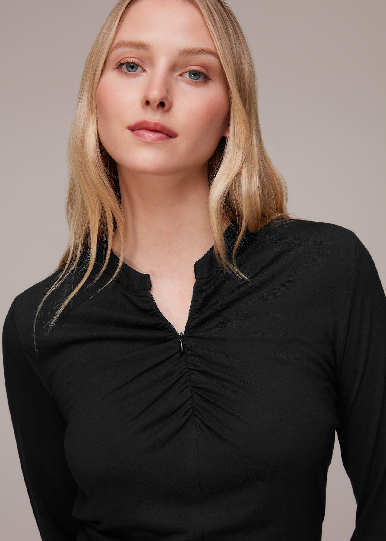 Black Ruched Zip Neck Top | WHISTLES