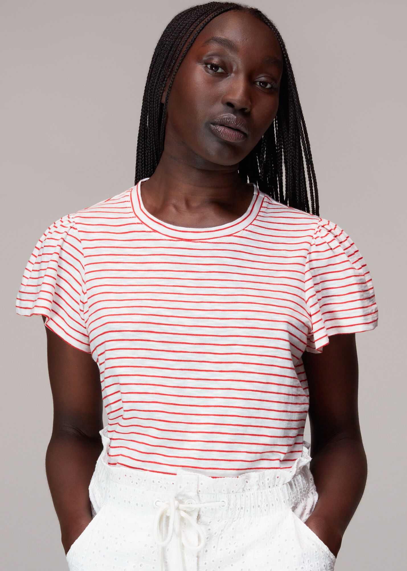 Red Multi Cotton Frill Stripe T Shirt WHISTLES