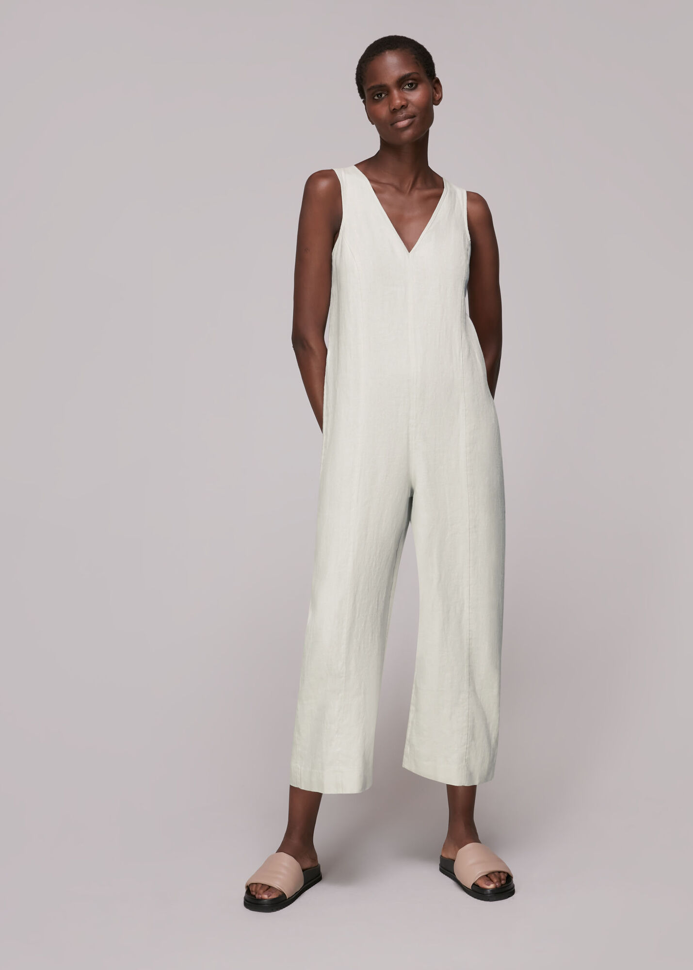 Stone Linen V Neck Jumpsuit WHISTLES Whistles