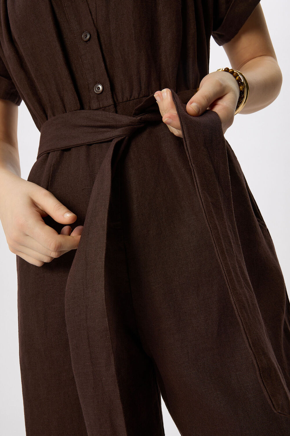Brown Utility Linen Jumpsuit