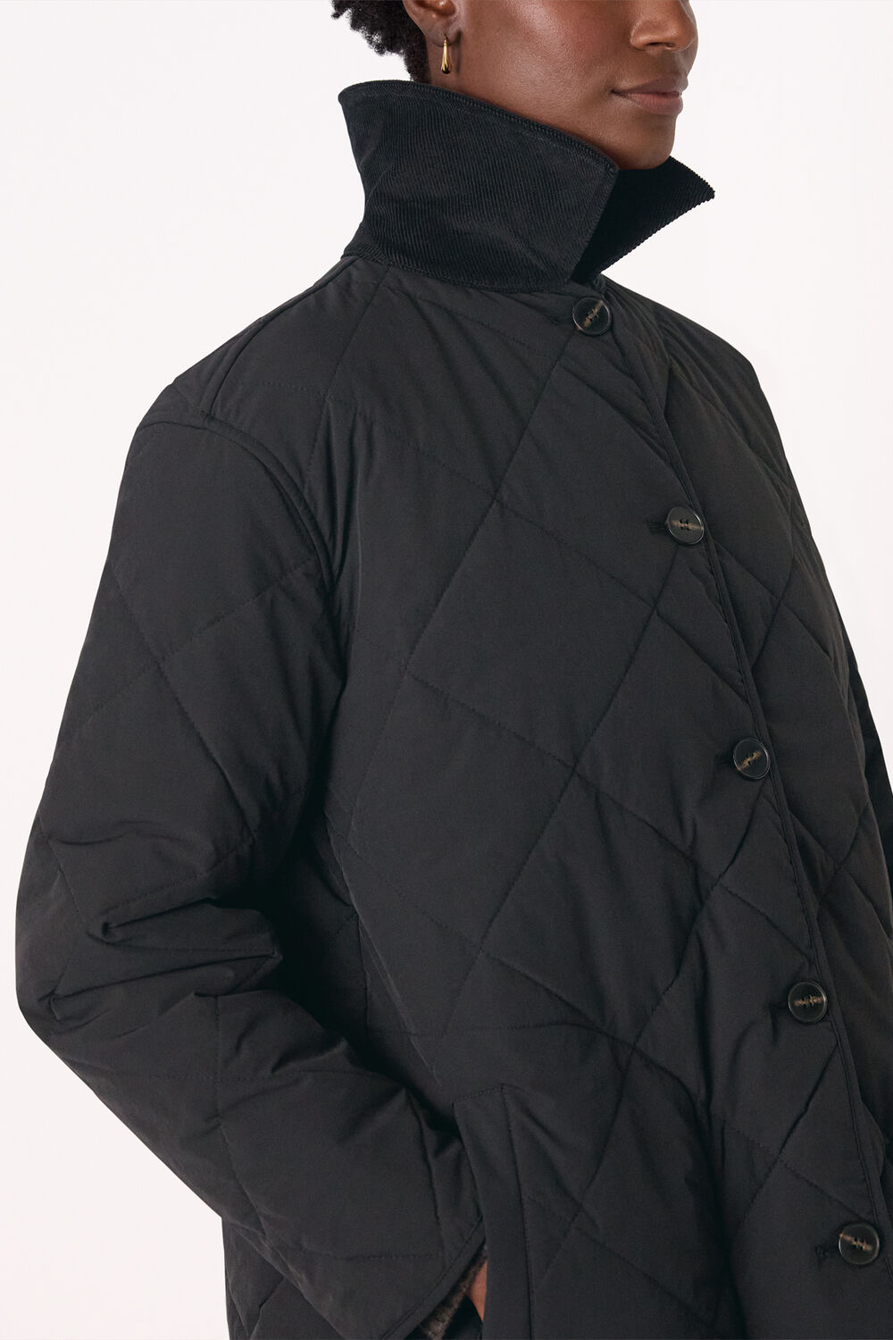 Black Quilted Cord Collar Coat