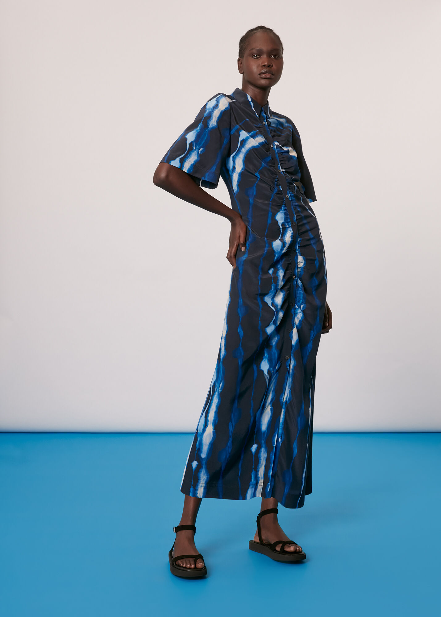 Blue Multi Shibori Print Silk Midi Dress WHISTLES
