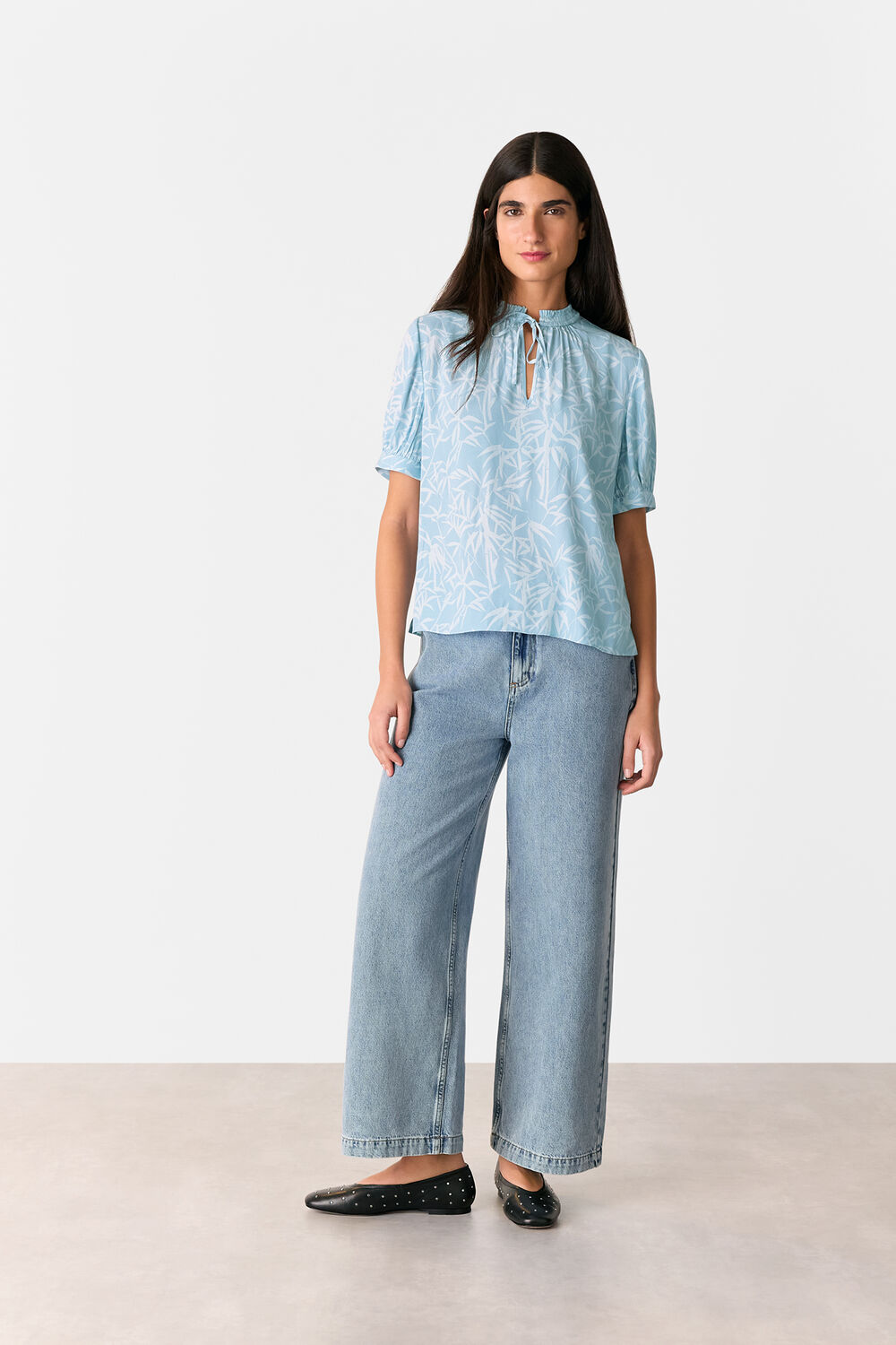 Bamboo Leaves Tie Neck Blouse