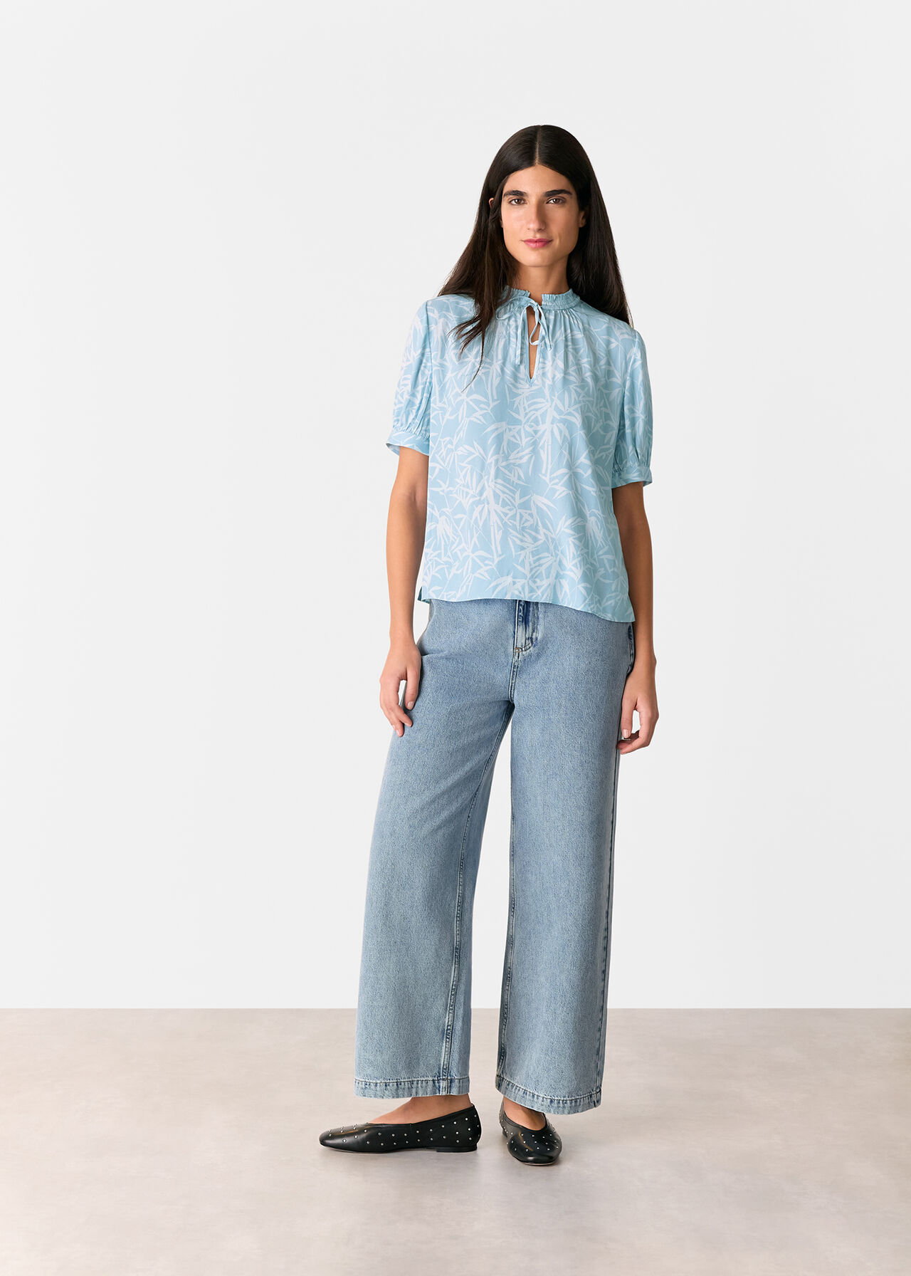Whistles bamboo Leaves Tie Neck Blouse