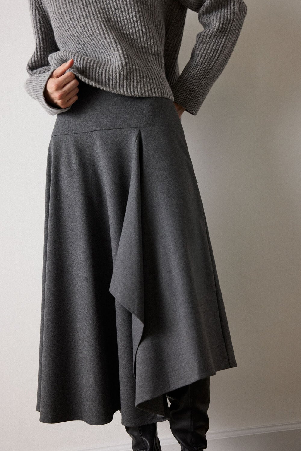 Grey Draped Asymmetric Midi Skirt