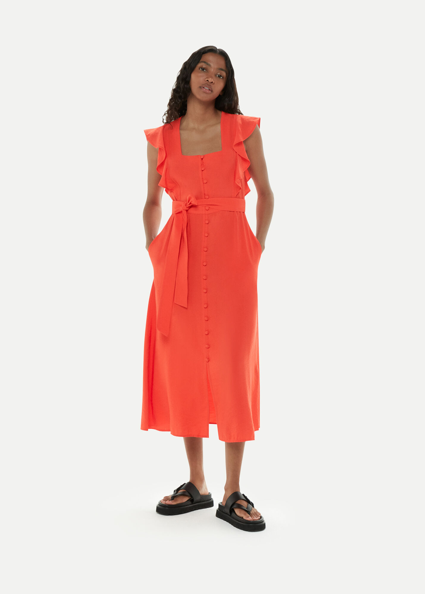 Women Red Frill Sleeves Midi Dress main image 0