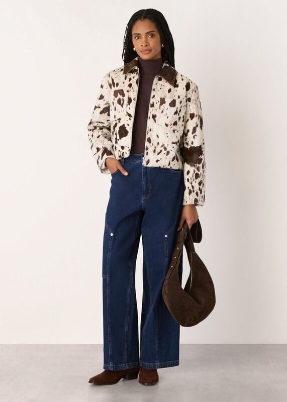 Brown Cow Print Zip Jacket
