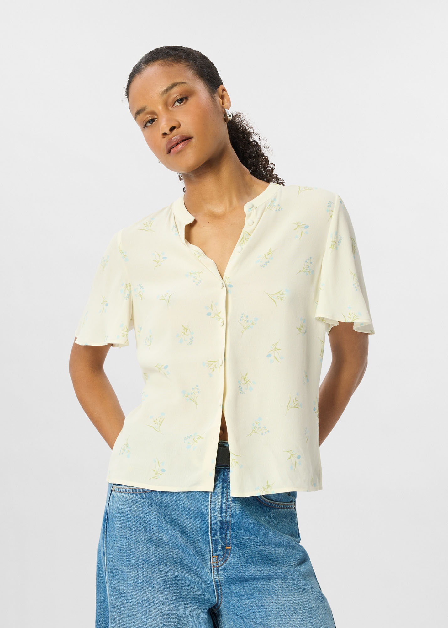 Ivory/Multi Floral Button Front Shirt | WHISTLES | Whistles ROW |