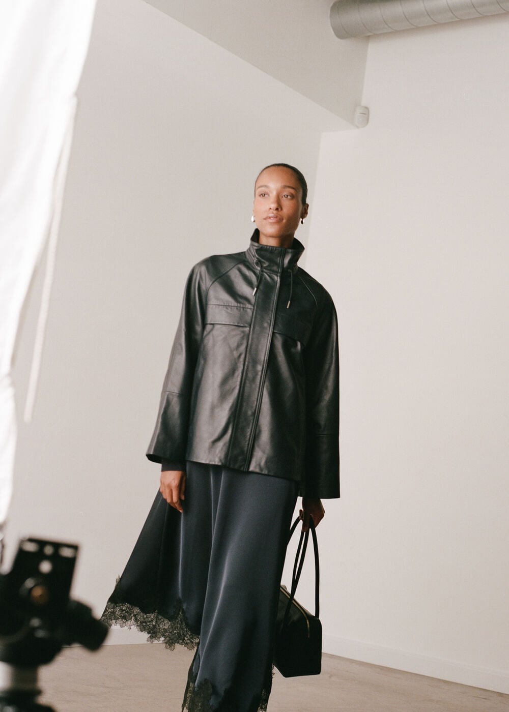 Navy Leather Funnel Neck Anorak