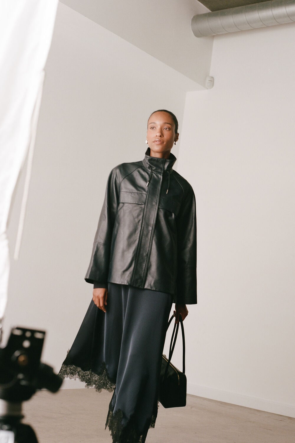 Navy Leather Funnel Neck Anorak