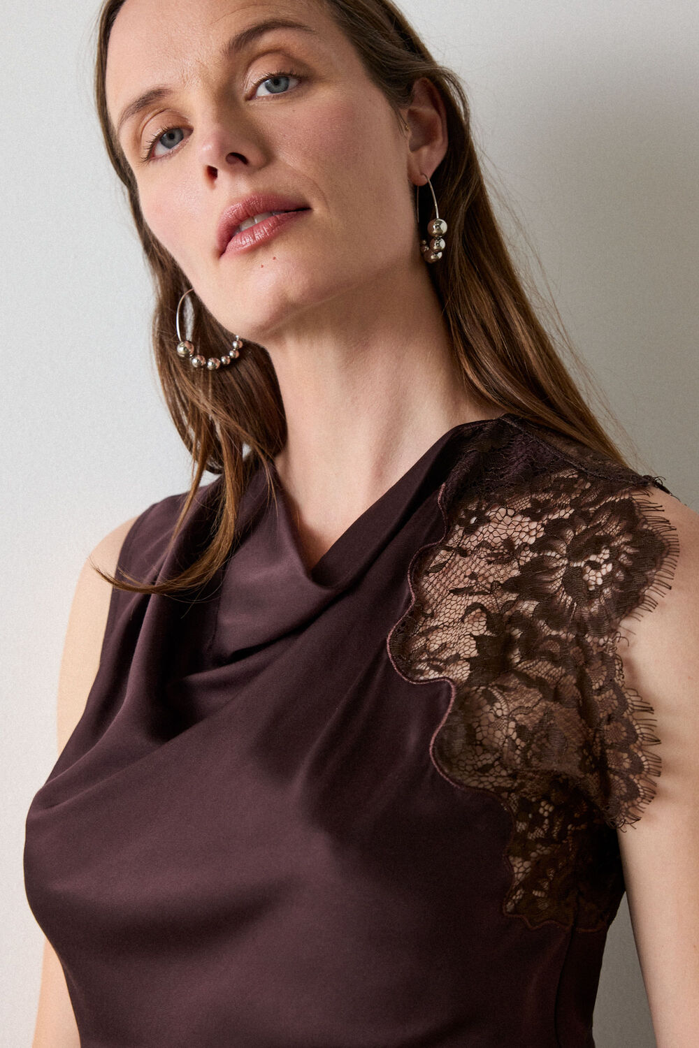 Chocolate Lace Asymmetric Satin Top