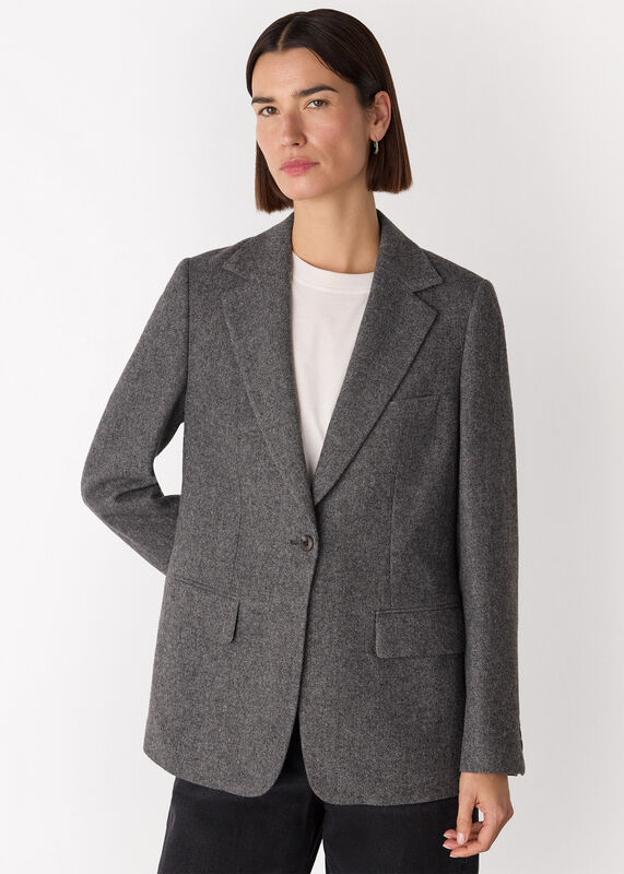 Grey Herringbone Wool Blend Blazer