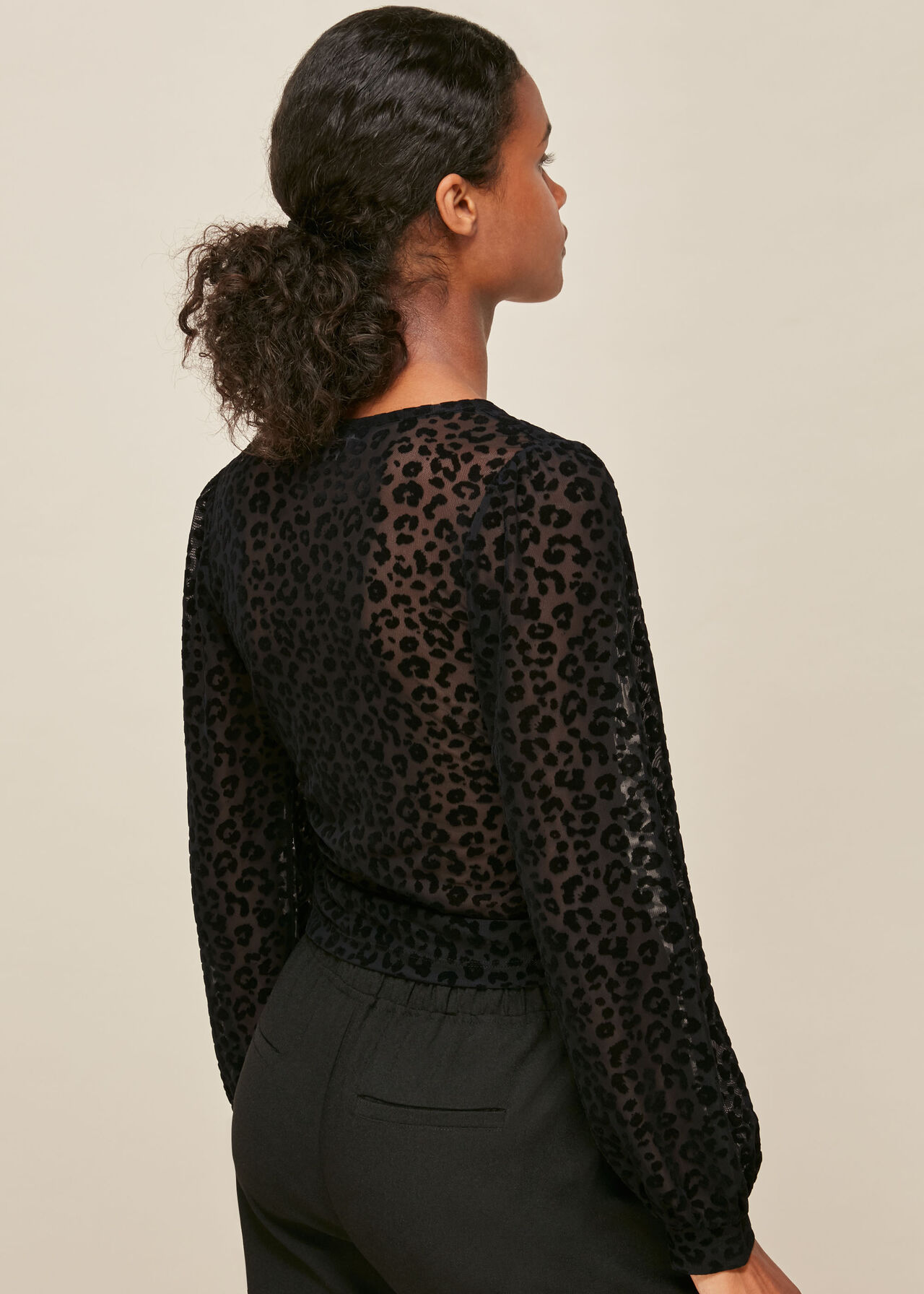 Flocked Animal Mesh Wrap Top