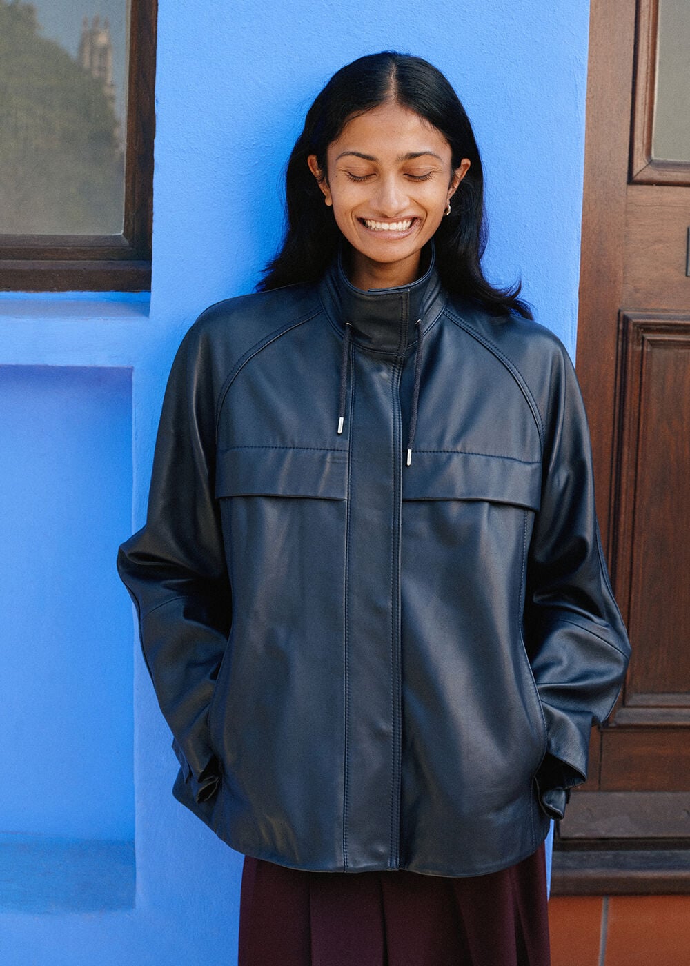 Navy Leather Funnel Neck Anorak