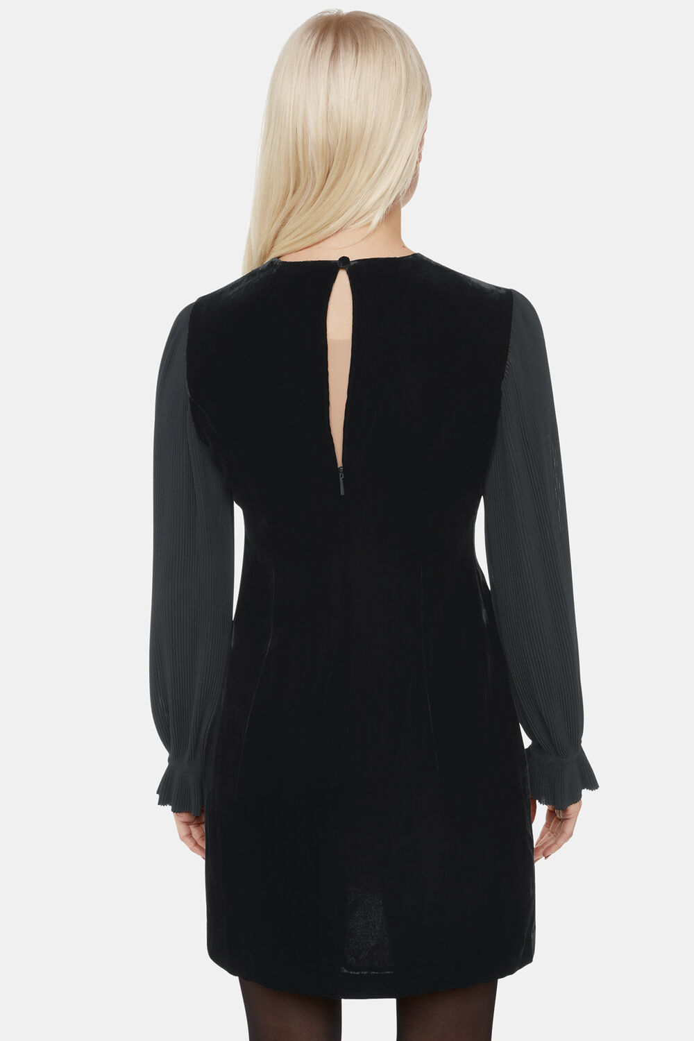 Black Petite Velvet Pleat Sleeve Mini Dress
