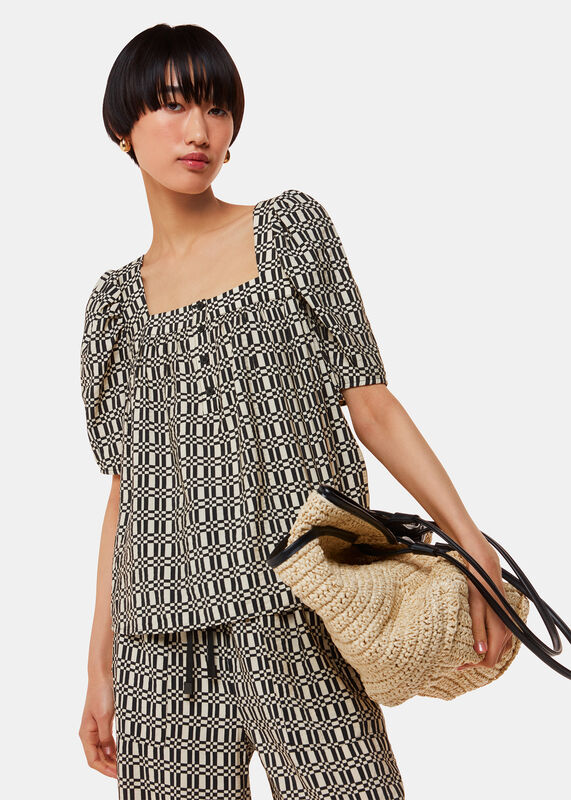Black Link Check Square Neck Top