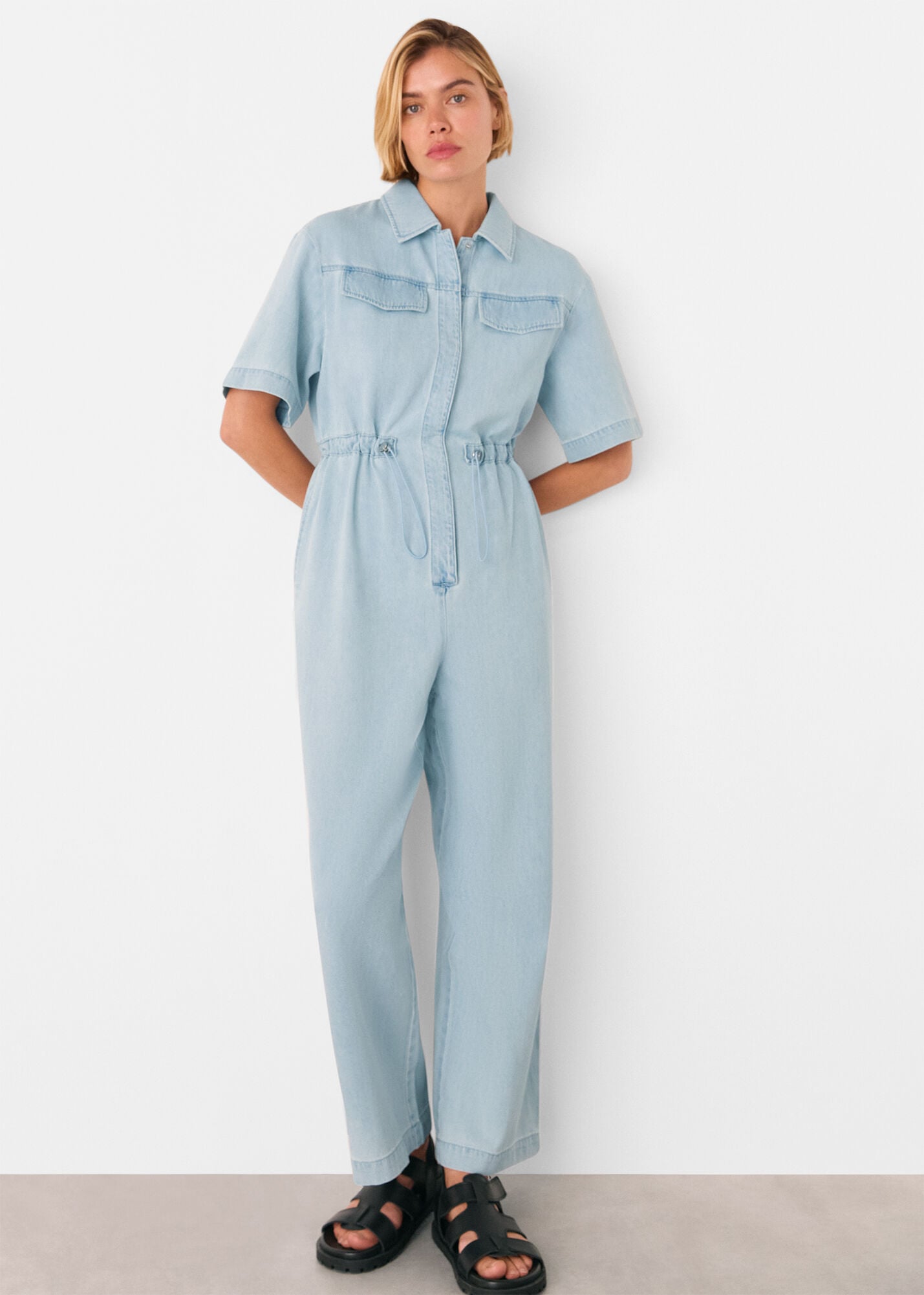 Denim Short Sleeve Utility Jumpsuit | WHISTLES | Whistles US |