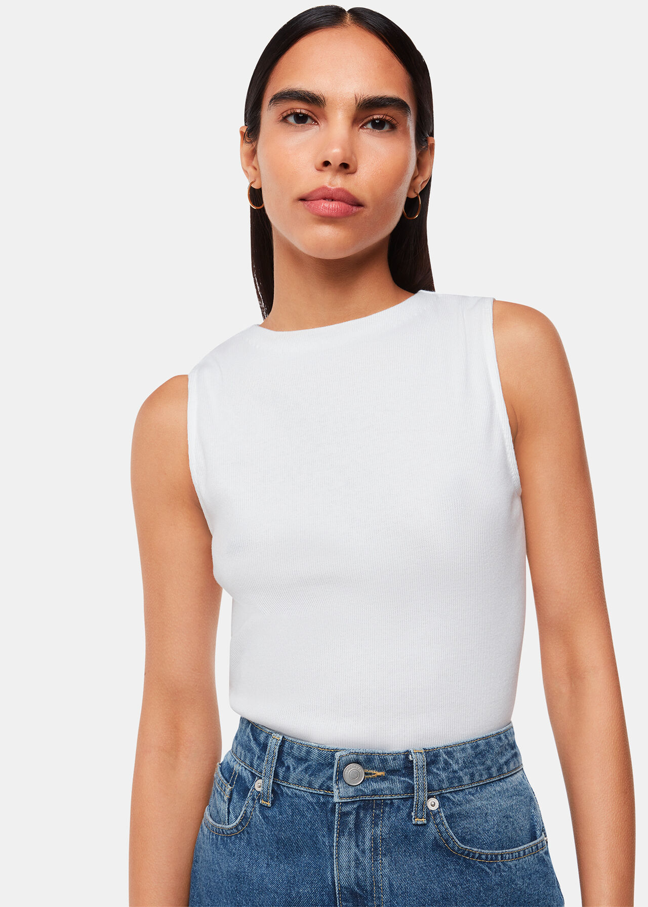 White High Neck Rib Detail Tee | WHISTLES | Whistles US