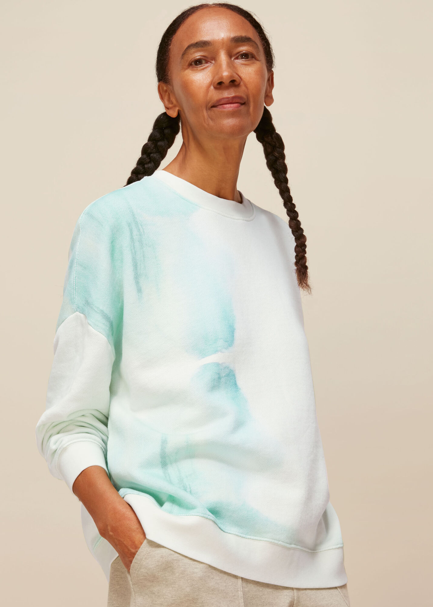 Brown Green Denim Sleeve Tie-dye Oversize Sweatshirt 18221