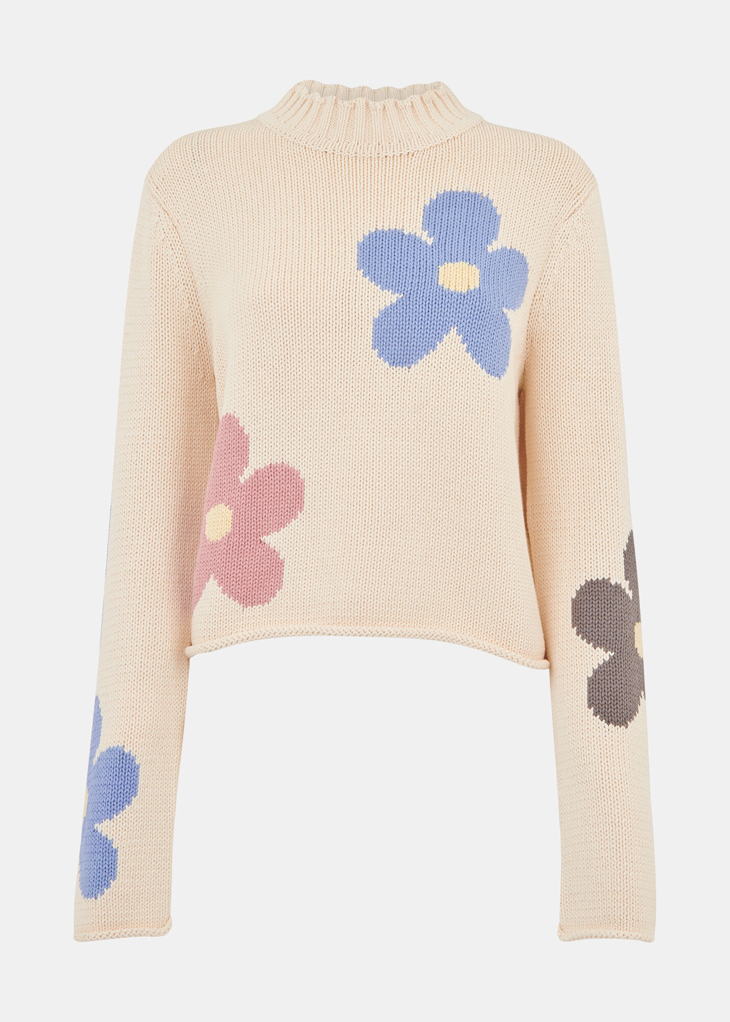 Ivory Flower Intarsia Cropped Knit