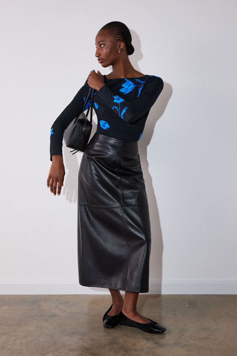 Black Floral Ruched Side Jersey Top