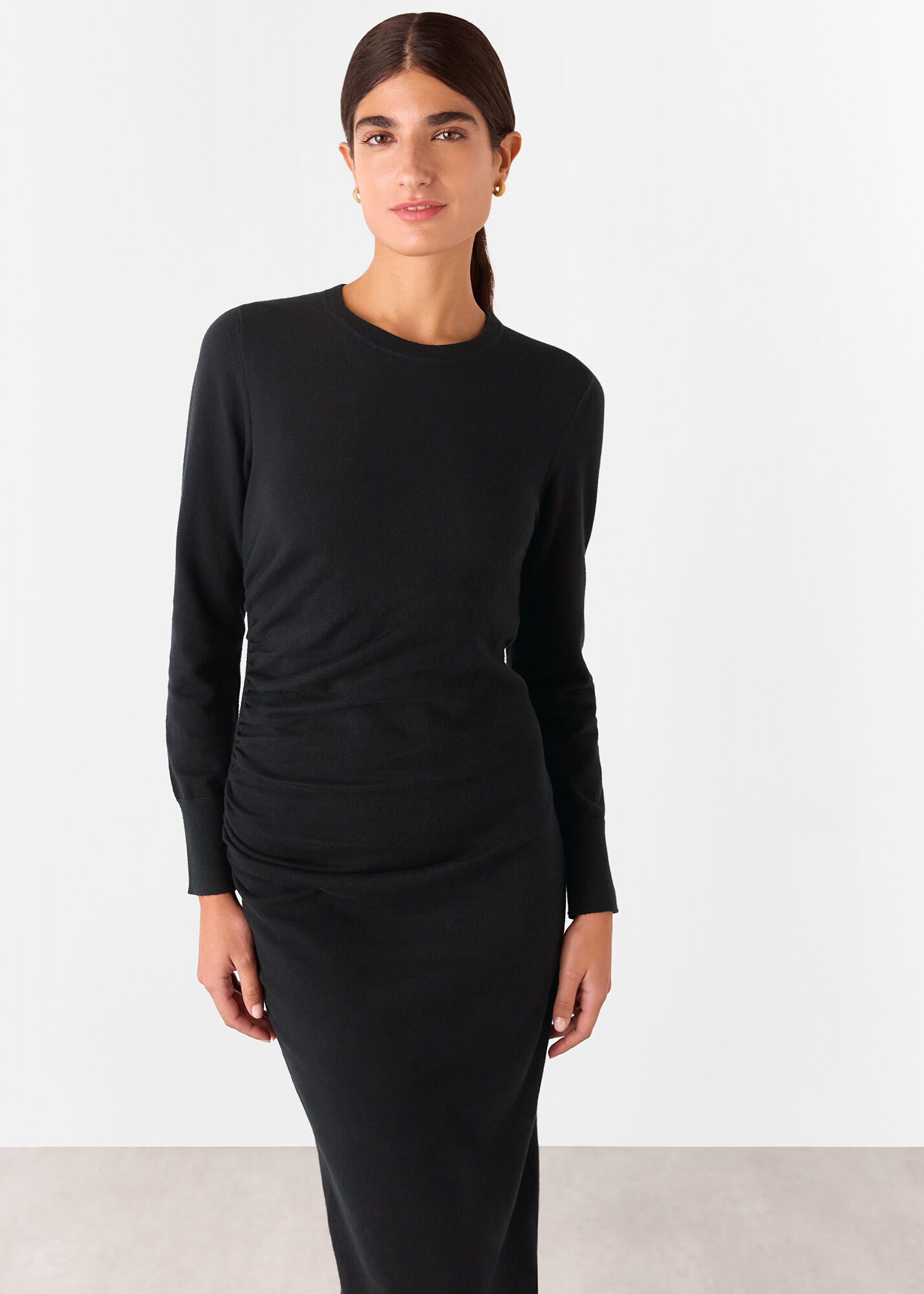 Women's Black Gathered Side Midi Sweater Dress | Whistles US |