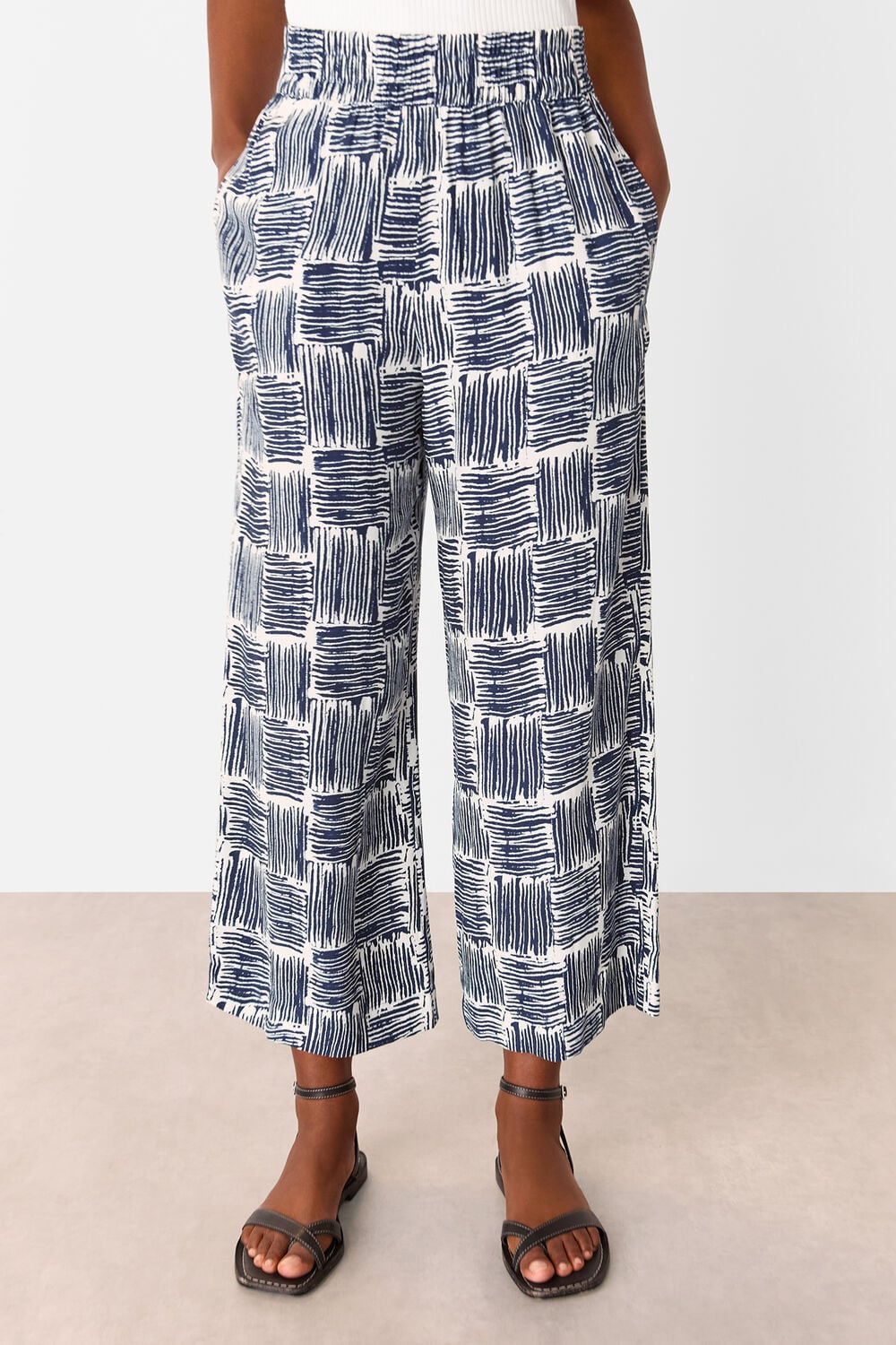 Navy Hatch Squares Cropped Trouser