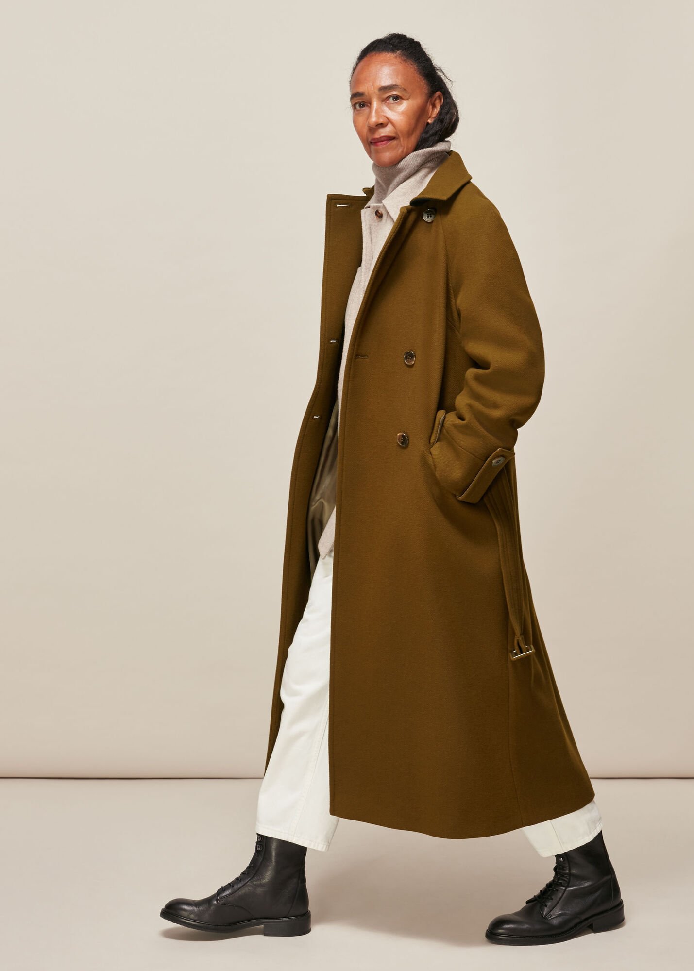 Khaki Wool Belted Trench Coat | WHISTLES