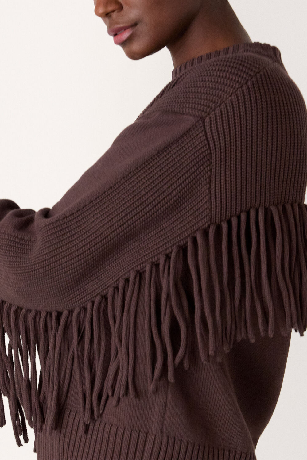 Brown Fringe Rib Detail Cotton Knit