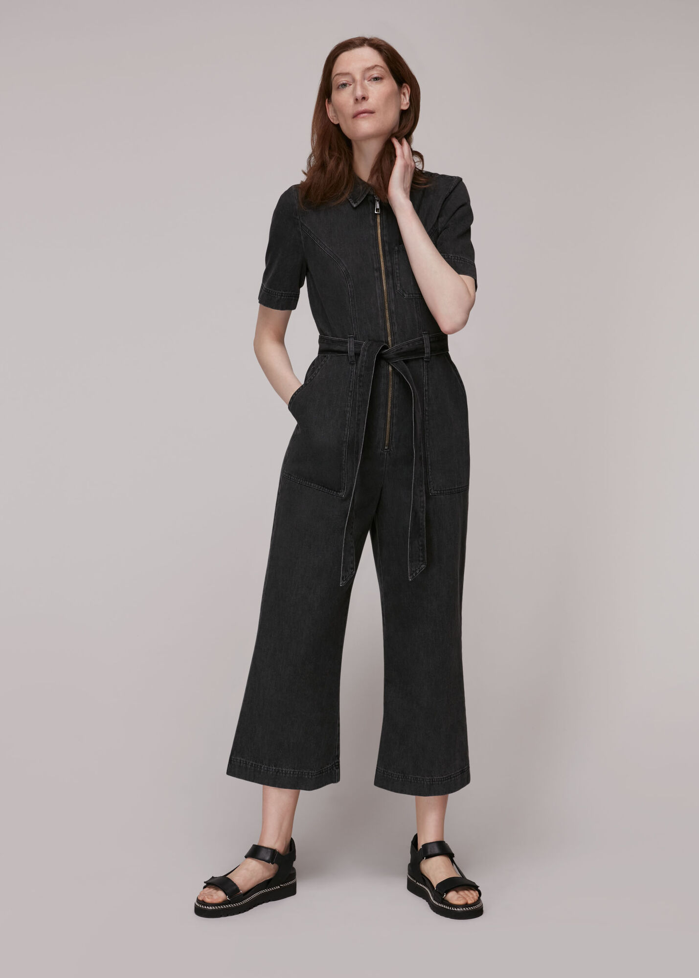 Black Tie Waist Denim Jumpsuit WHISTLES